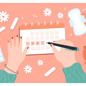 female hands marking days of period in calendar pills against menses pain, tampons, pad, menstrual cup flat vector illustration menstruation concept for banner, website design or landing page