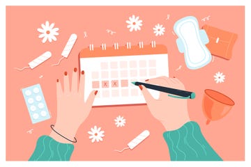 female hands marking days of period in calendar pills against menses pain, tampons, pad, menstrual cup flat vector illustration menstruation concept for banner, website design or landing page