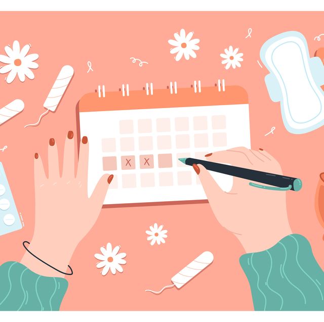 female hands marking days of period in calendar pills against menses pain, tampons, pad, menstrual cup flat vector illustration menstruation concept for banner, website design or landing page