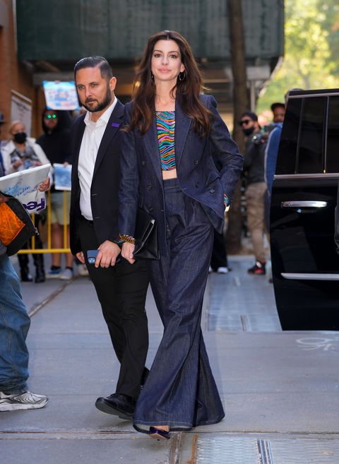 new york, new york october 12 anne hathaway departs the view on october 12, 2022 in new york city photo by gothamgc images