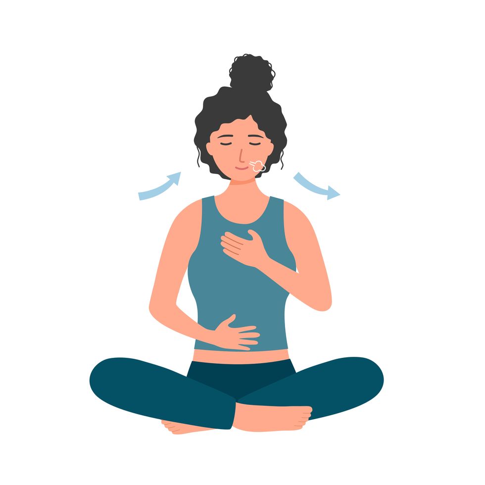 woman practicing breathing exercise in flat design on white background