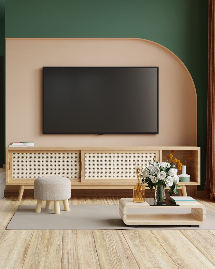 living room with tv on cabinet in dark green color wall,minimalist muji style3d rendering