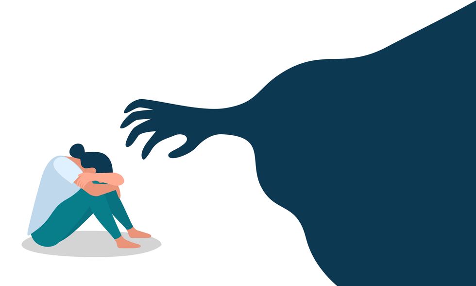 vector illustration, a woman cowering in fear with a hand silhouette, as a banner or poster, international day for the elimination of violence against women