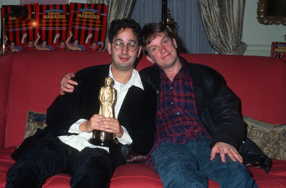 29 november 1994, london fantasy league football frank skinner and david baddiel with a television award photo by david daviesoffside via getty images