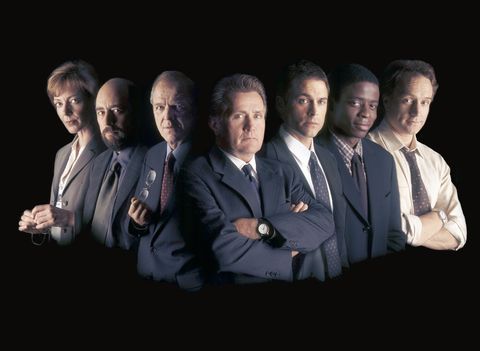 the west wing    season 1    pictured l r allison janney as claudia jean cj cregg, richard schiff as toby ziegler, john spencer as leo mcgarry, martin sheen as president josiah jed bartlet, rob lowe as sam seaborn, dule hill as charlie young, bradley whitford as josh lyman    photo by nbcu photo banknbcuniversal via getty images via getty images