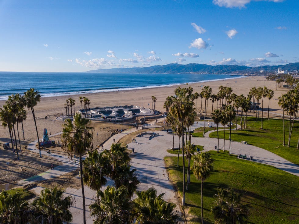 aerial photography of the venice beach boardwalk, shops, vendors, venice skate park, roller skating area, graffiti walls, beach, and other public areas photos taken with a drone during the december in los angeles