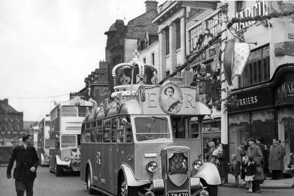 queen elizabeth ii coronation newcastle city councils corporation single decker bus which will be on view during the coronation festivities the official opening of the decorated streets in newcastle the procession of decorated buses passing down northumberland street 29th may 1953 photo by ncj kemsleyncj archivemirrorpix via getty images