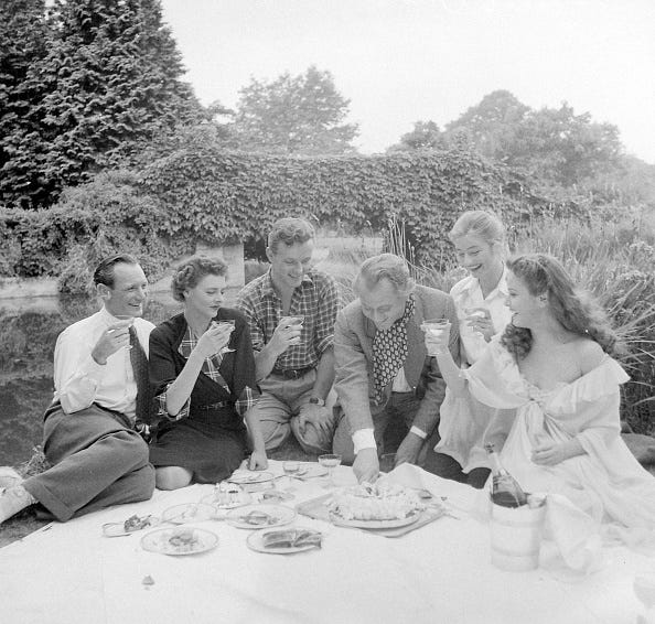 vintage birthday photos left to right trevor howard, celia johnson, jacques sernas, eric portman and nadia gray seen here at a birthday picnic party thrown by eric portman at pinewood studios. july 1949. (photo by bosher/watford/mirrorpix via getty images)