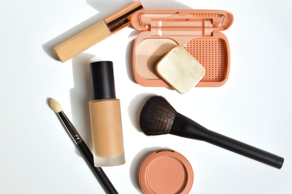 makeup eyeshadow palette, makeup brush, foundation, concealer, compact powder, blush