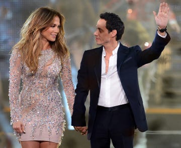 las vegas, nv   may 26  singeractress jennifer lopez l and singer marc anthony appear during the finale of the qviva the chosen live show at the mandalay bay events center on may 26, 2012 in las vegas, nevada  photo by ethan millergetty images
