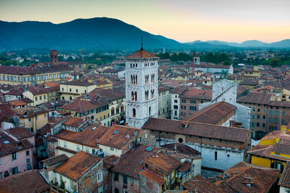 campanile bell tower of the church of san michele and lucca rooftops from torre del ore in lucca, italy