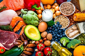 overhead view of a large group of healthy raw food for flexitarian mediterranean diet the composition includes salmon, chicken breast, canned tuna, cow steak, fruits, vegetables, nuts, seeds, dairi products, olive oil, eggs and legumes high resolution 42mp studio digital capture taken with sony a7rii and zeiss batis 40mm f20 cf lens