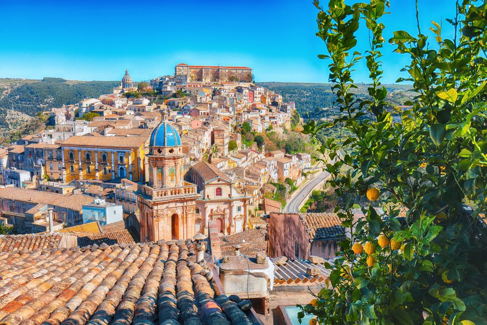 sunrise at the old baroque town of ragusa ibla in sicily historic center called ibla builded in late baroque style ragusa, sicily, italy, europe
