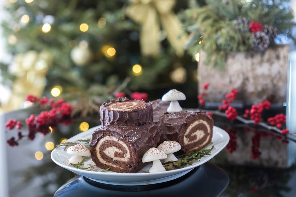 a chocolate yule log cake is placed on a white platter featuring rolled sponge cake with a creamy filling and covered in chocolate frosting
