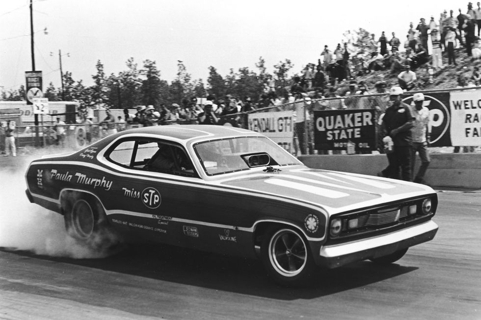 unknown — early 1970s paula murphy in action with her “miss stp” plymouth duster during an early 1970s nhra drag race murphy was the first woman to obtain an nhra “funny car” class license in 1966 photo by isc images archives via getty images
