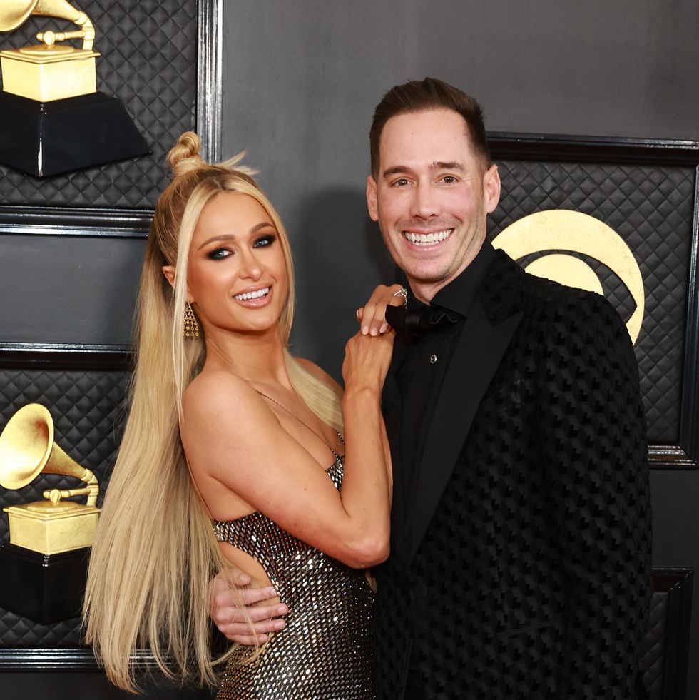 los angeles, california february 05 paris hilton and carter reum attend the 65th grammy awards on february 05, 2023 in los angeles, california photo by matt winkelmeyergetty images for the recording academy