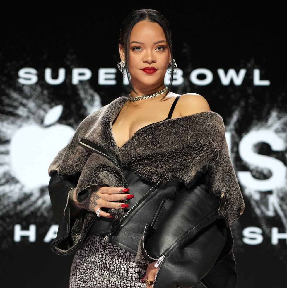 phoenix, arizona february 09 rihanna poses onstage during the apple music super bowl lvii halftime show press conference at phoenix convention center on february 09, 2023 in phoenix, arizona photo by kevin mazurgetty images for roc nation