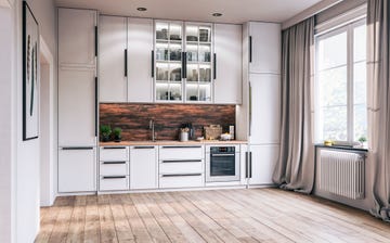 cocina con ventana y cortinas