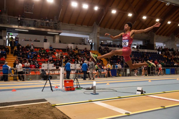 ancona, italy february 18 mattia furlani jump during the italian indoor athletics championships 2023 at the palaindoorn february 18, 2023 in ancona, italy photo by alessandro levatigetty images