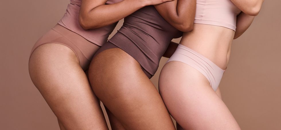 legs, skincare and diversity of body positive women, natural beauty and wellness on studio group, models and thighs together in underwear for laser cosmetics, healthy glow or aesthetics of self care
