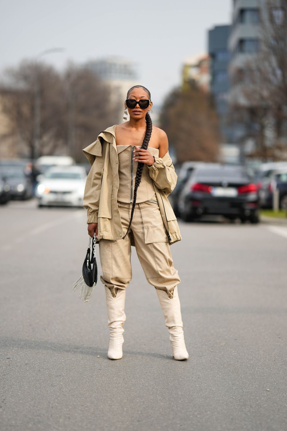 Leather-look cargo trousers - Beige