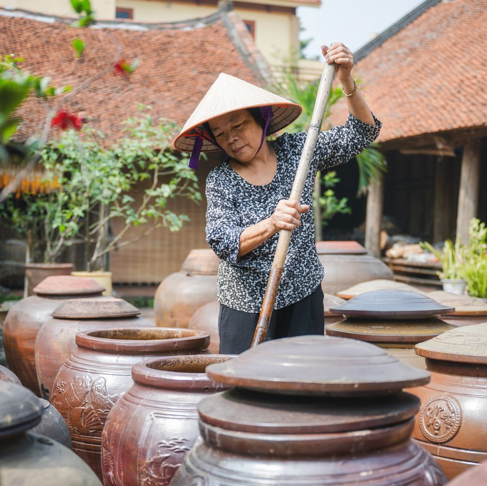 portrait of vietnamese senior woman with straw hat stirring soy sauce in huge clay pod standing in a row in courtyard