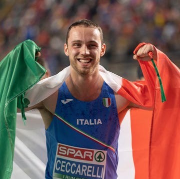 istanbul, turkey march 4 samuele ceccarelli of italy poses for photographs after winning the mens 60m final during the european athletics indoor championships at the ataköy athletics arena on march 4, 2023 in istanbul, turkey photo by sam mellishgetty images