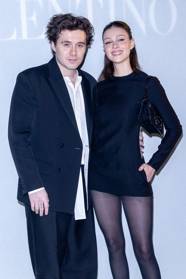 paris, france march 05 editorial use only for non editorial use please seek approval from fashion house l r brooklyn beckham and nicola peltz attend the valentino womenswear fall winter 2023 2024 show as part of paris fashion week on march 05, 2023 in paris, france photo by marc piaseckiwireimage