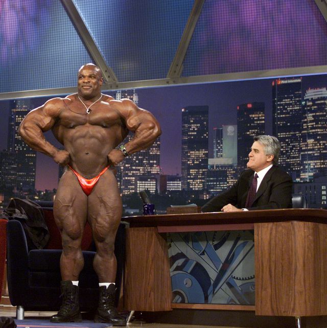 the tonight show with jay leno    1950    pictured l r actress geena davis, bodybuilder mr olympia ronnie coleman during an interview with host jay leno on november 27, 2001    photo by paul drinkwaternbcu photo banknbcuniversal via getty images via getty images