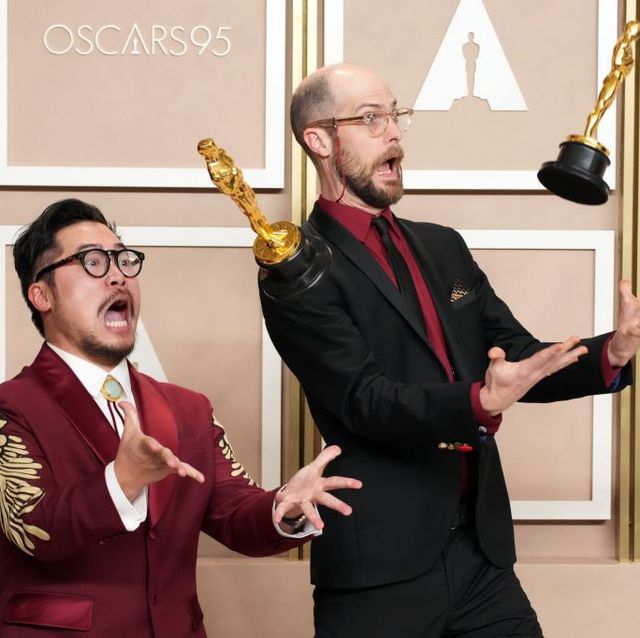 hollywood, california march 12 march 12 l r dan kwan and daniel scheinert, winners of the best director and best picture award for everything everywhere all at once, pose in the press room at the 95th annual academy awards at ovation hollywood on march 12, 2023 in hollywood, california photo by jeff kravitzfilmmagic