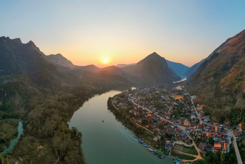 aerial view of tranquil scene of mekong river at sunset