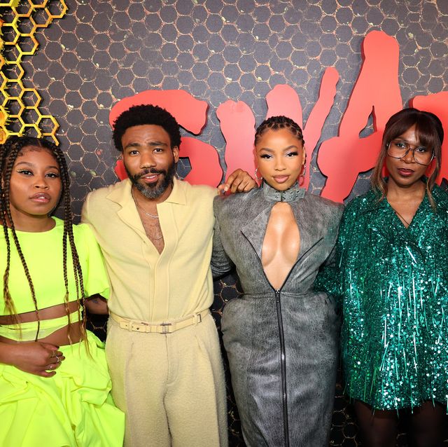 los angeles, california march 14 l r dominique fishback, donald glover, chloe bailey, janine nabers, and damson idris attend the swarm red carpet premiere and screening in los angeles at lighthouse artspace la on march 14, 2023 in los angeles, california photo by arnold turnergetty images for prime video