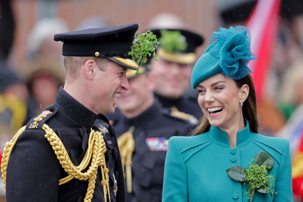 aldershot, england march 17 prince william, prince of wales and catherine, princess of wales laughing during the st patricks day parade at mons barracks on march 17, 2023 in aldershot, england catherine, princess of wales attends the parade for the first time as colonel of the regiment succeeding the prince of wales, the outgoing colonel photo by chris jackson wpa poolgetty images
