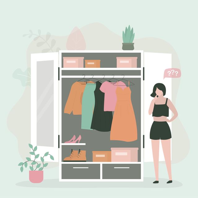 shopping female character choosing clothes fashion woman standing near wardrobe, organizing space for clothing shelves with apparel and outfit, accessories and boots flat vector illustration