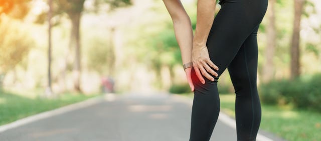 adult woman with muscle pain during running runner have knee ache due to runners knee or patellofemoral pain syndrome, osteoarthritis and patellar tendinitis sports injuries and medical concept