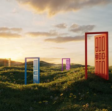 multi colored abstract opening doors on grassy field