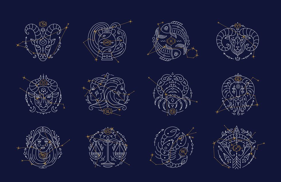 set of twelve constellations with zodiac symbols and constellations on blue background astrology horoscope signs and stars on dark blue sky thin line vector illustration