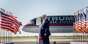waco, texas march 25 former us president donald trump arrives during a rally at the waco regional airport on march 25, 2023 in waco, texas former us president donald trump attended and spoke at his first rally since announcing his 2024 presidential campaign today in waco also marks the 30 year anniversary of the weeks deadly standoff involving branch davidians and federal law enforcement 82 davidians were killed, and four agents left dead photo by brandon bellgetty images