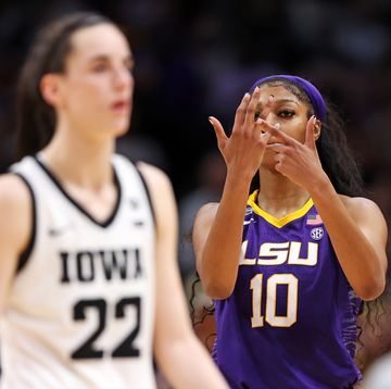 dallas, texas april 02 angel reese 10 of the lsu lady tigers reacts towards caitlin clark 22 of the iowa hawkeyes during the fourth quarter during the 2023 ncaa womens basketball tournament championship game at american airlines center on april 02, 2023 in dallas, texas photo by maddie meyergetty images