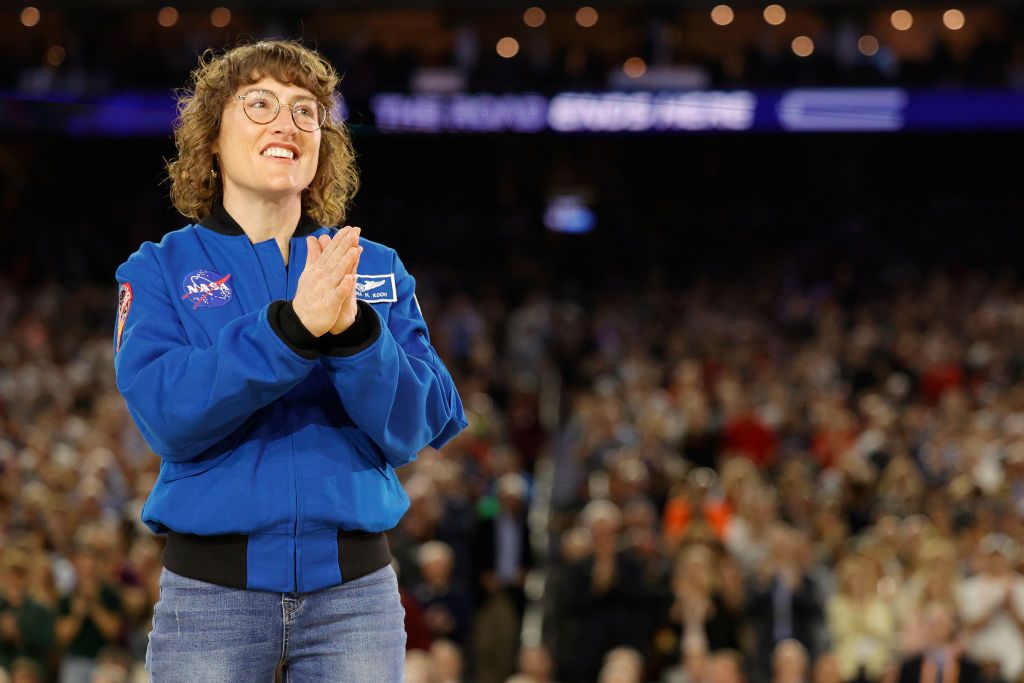 houston, texas april 03 astronaut christina koch reacts prior to the game between the san diego state aztecs and \con during the ncaa mens basketball tournament national championship game at nrg stadium on april 03, 2023 in houston, texas photo by carmen mandatogetty images