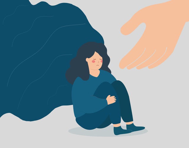 a hand helps a woman to get rid of stress and depression. sad girl needs support, and care due to psychological problems. female teenage crying her face. mental health disorder and divine help concept