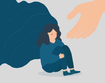 a hand helps a woman to get rid of stress and depression. sad girl needs support, and care due to psychological problems. female teenage crying her face. mental health disorder and divine help concept