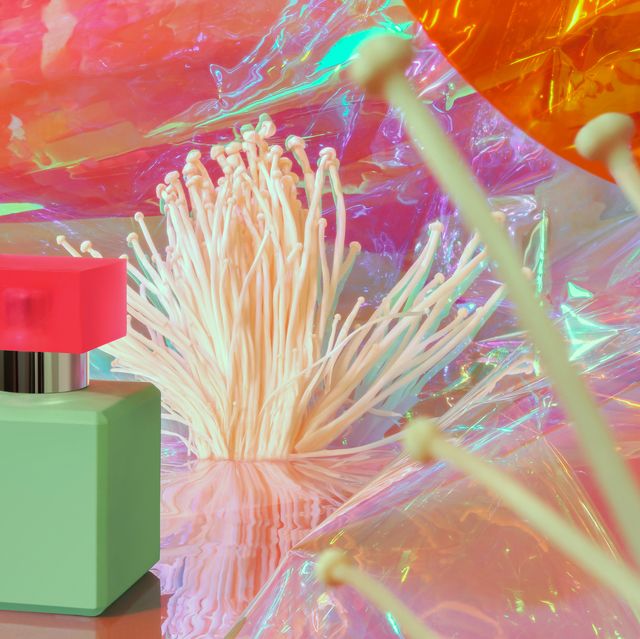 perfume bottle, enoki mushrooms and iridescent colored film abstract psychedelic composition bright, extraordinary backdrop for beauty products, pills, drugs surreal futuristic background