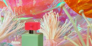 perfume bottle, enoki mushrooms and iridescent colored film abstract psychedelic composition bright, extraordinary backdrop for beauty products, pills, drugs surreal futuristic background