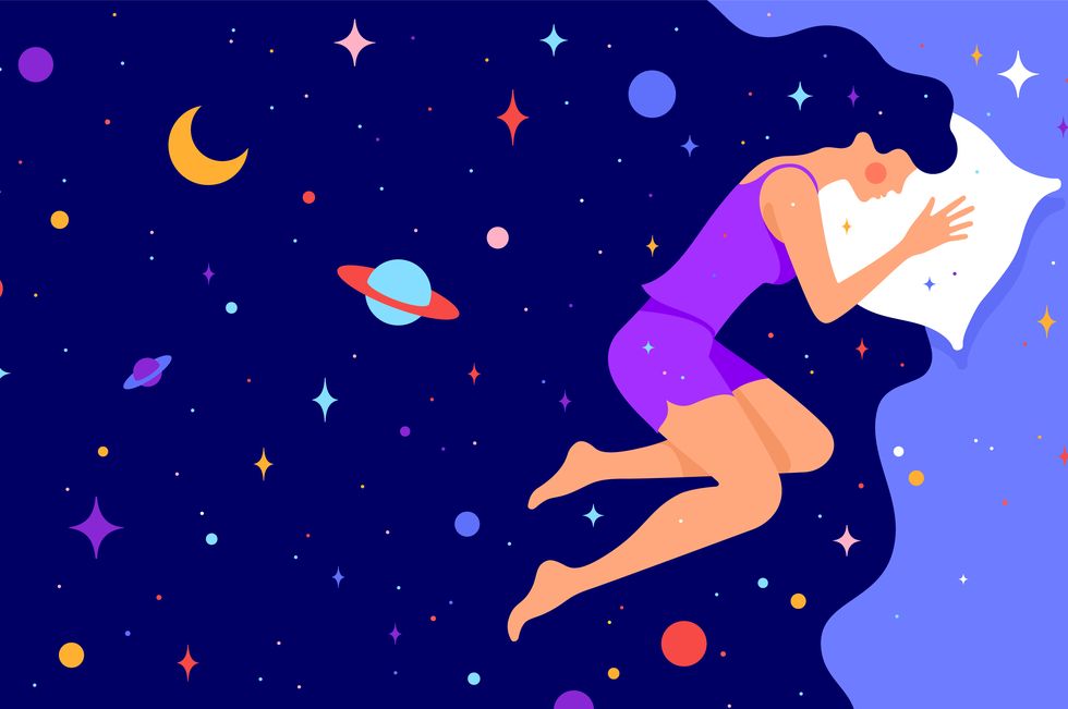 woman with dream universe simple character of woman sleeping in bed with universe starry planet, moon star, night sky in cosmos hair woman character in dream, flat graphic vector illustration