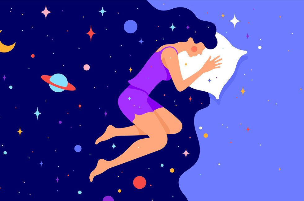 woman with dream universe simple character of woman sleeping in bed with universe starry planet, moon star, night sky in cosmos hair woman character in dream, flat graphic vector illustration