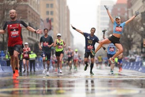 boston, massachusetts april 17 brooke lorentz celebrates after crossing the finish line during the 127th boston marathon on april 17, 2023 in boston, massachusetts photo by maddie meyergetty images