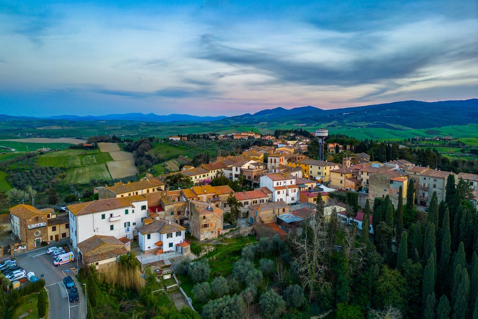 Lajatico, medieval Tuscan town from drone aerial view of lajatico, medieval tuscan town
