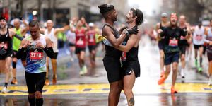 boston, massachusetts april 17 knox robinson l and jordan phelps r celebrate after crossing the finish line during the 127th boston marathon on april 17, 2023 in boston, massachusetts photo by maddie meyergetty images