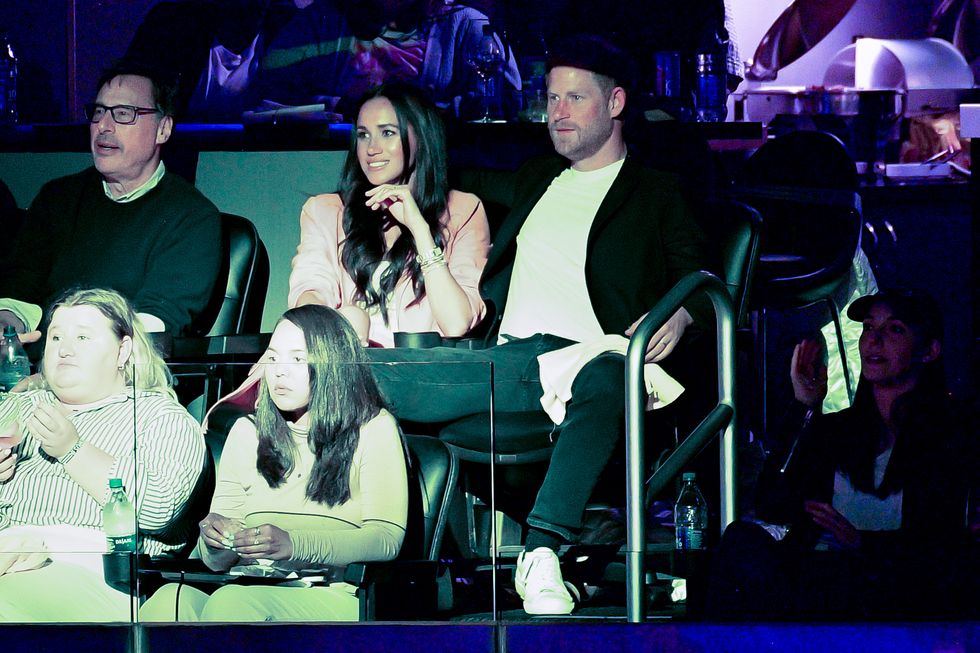 los angeles, california april 24 prince harry, duke of sussex and meghan, duchess of sussex attend a basketball game between the los angeles lakers and the memphis grizzlies at cryptocom arena on april 24, 2023 in los angeles, california photo by allen berezovskygetty images